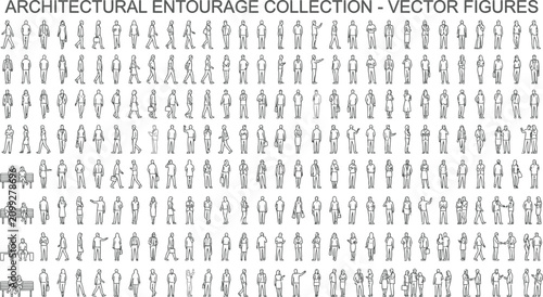 Comprehensive collection of CAD vector outlines depicting diverse people in various poses for architectural visualization, urban planning, and isometric technical design illustrations.