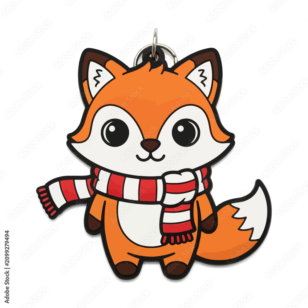 Naklejka premium Cute Cartoon Fox Keychain Illustration, Adorable Fox Character with Red Scarf Bag Hanger Design Vector