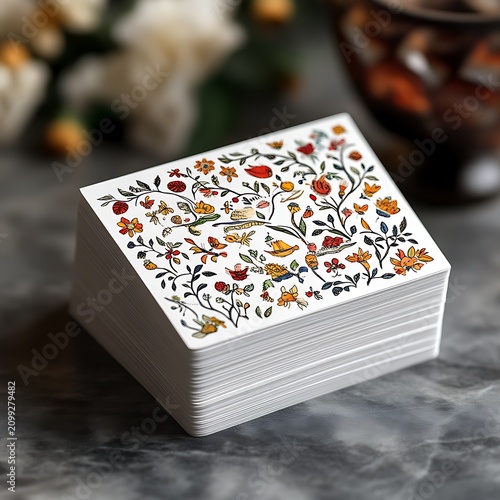 Stack of cards featuring vibrant floral and fauna design
