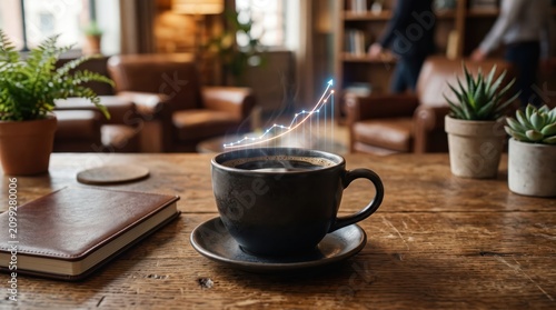 Ceramic coffee cup with ascending digital chart above table in coworking cafe scene with notebook, plants and blurred people conveying business growth and creative workspace mood
