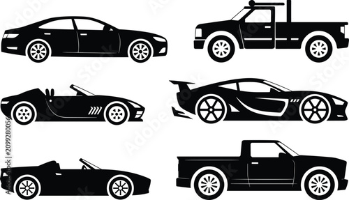 Foto Collection of various black car and truck silhouettes showcasing different moder
