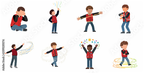 Set of illustrations of a boy representing neurodiversity, sensory processing disorder, and autism spectrum behaviors in flat vector style