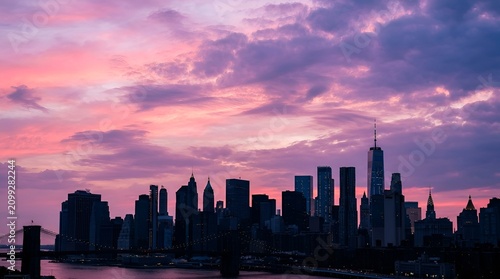 Dramatic pink purple sunset sky over modern city skyline silhouette, urban panorama