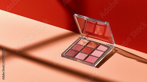 Open eyeshadow palette with coral pink shades and dramatic geometric sunlight shadows