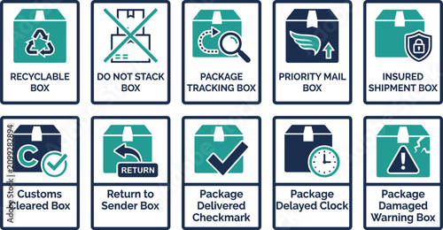 Tableau sur toile Package delivery status icons set showcasing tracking return shipment customs cleared and damaged warnings