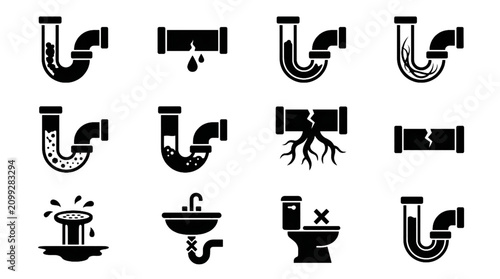 Foto Plumbing Pipe Clog Vector Icons Set with Drainage Blockage Sewer Grease Hair Lea