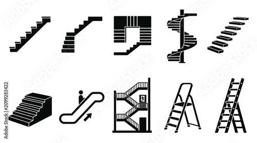 Stairs and Staircase Vector Icons Set with Spiral Steps Ladders Handrails Escalators Architecture and Navigation Symbols Isolated on White Background
