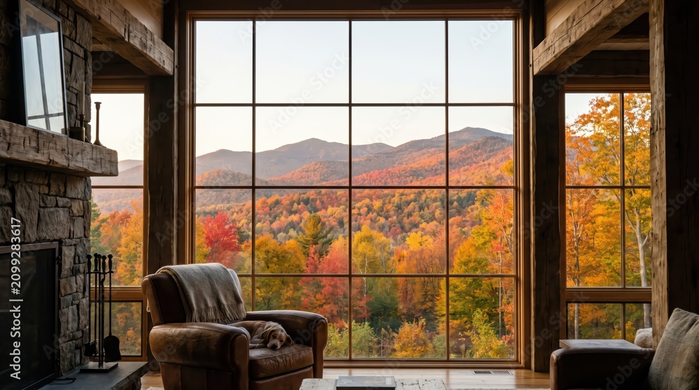 Obraz premium Rustic living area with oversized grid window facing colorful fall hills, leather chair with resting dog and stone fireplace for quiet mountain cabin escape