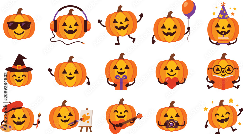 Fototapeta premium Cute Halloween Pumpkin Mascot Vector Bundle with 15 Fun Cartoon Flat Color Character Icons Collection Isolated on White Background for Holiday Design