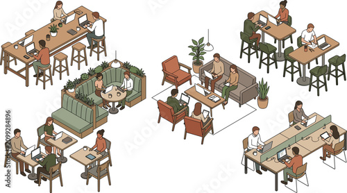 Isometric coworking space illustration with people collaborating at communal tables, booths, desks, and lounge areas