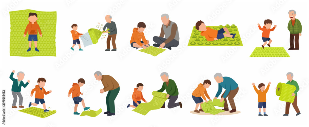 Fototapeta premium Grandfather and grandson playing and exercising with a green sensory massage mat, vector illustration set