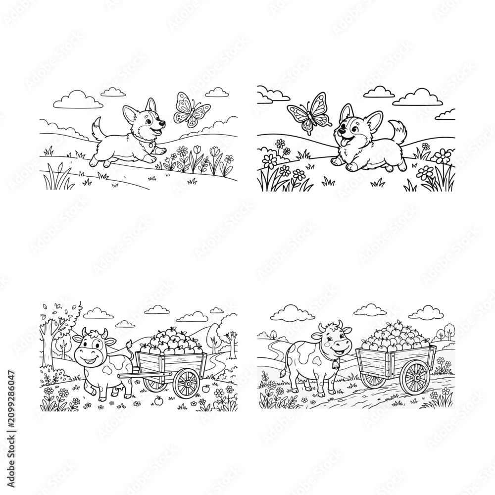 Fototapeta premium Farm animals and puppies coloring pages.