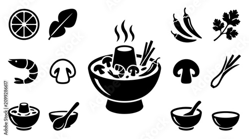 Hot Pot Ingredients and Dishes Black and White Icons Set.
