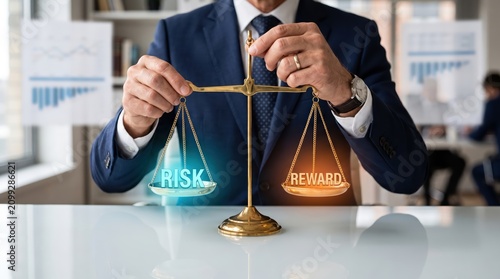 Businessman in suit holding balance scales with glowing risk and reward labels on each side at office desk illustrating decision making, investment trade off and strategic finance choice