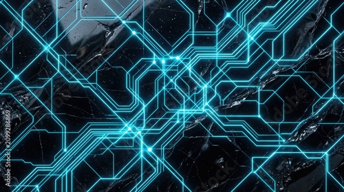 Neon cyan circuit lines glowing across dark textured background, high contrast digital network visualization conveying energy data flow futuristic connection and electronic complexity