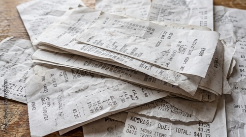 Pile of crumpled printed receipts scattered on wooden surface showing itemized totals and prices, everyday financial paperwork and expense tracking