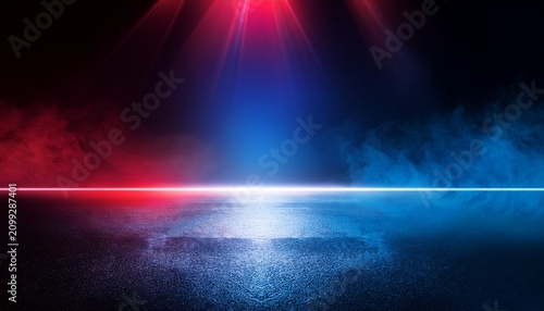 dark empty space blue and red neon spotlight wet asphalt smoke night view industrial rays abstract dark texture of an empty background with copy space mock up design