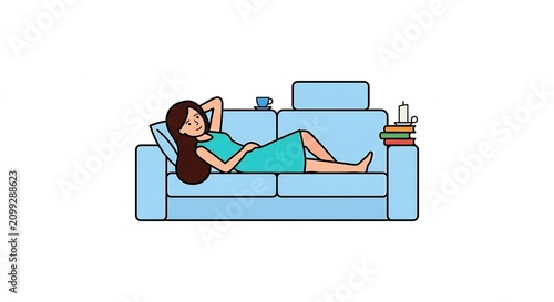 Relaxed woman lying on a blue sofa with a cup of tea
