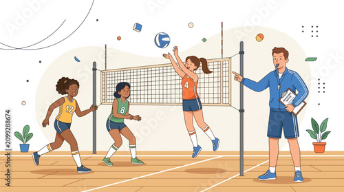 Volleyball Team Practice with Coach, Action, Sports, Youth