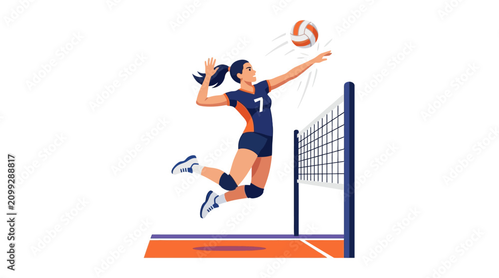 Fototapeta premium Woman player spiking volleyball over net, athletic jump, dynamic sports action, illustration