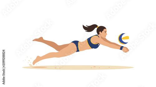 Woman playing beach volleyball, diving for ball on sandy court, athletic motion