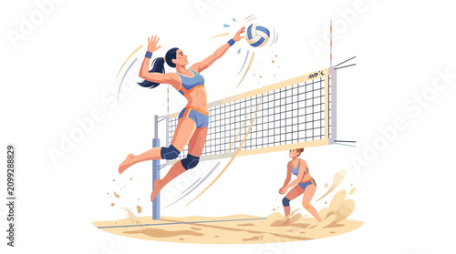 Woman playing beach volleyball, jumping to spike ball over net