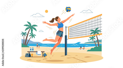 Woman playing beach volleyball, jumping and spiking ball over net, tropical island scene