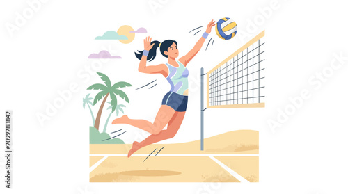 Woman playing beach volleyball, jumping to spike during summer sport activity