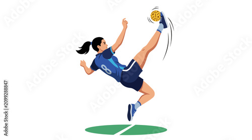 Woman playing sepak takraw, athletic kick in motion, sportswear, white background