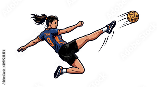 Woman playing Sepak Takraw with a vigorous kick, athletic action, isolated on white