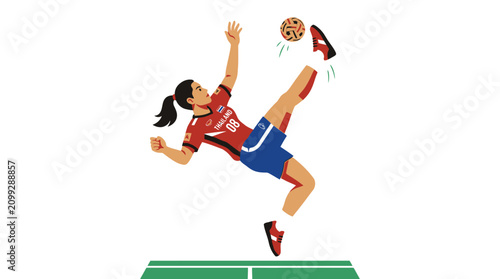 Woman playing Sepak Takraw, kick with leg, sports action, illustration