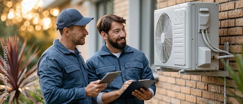 Confident professionals in matching uniforms collaborate on a residential AC inspection, tablet and clipboard in hand. Perfect for home services, energy efficiency, and skilled trades.