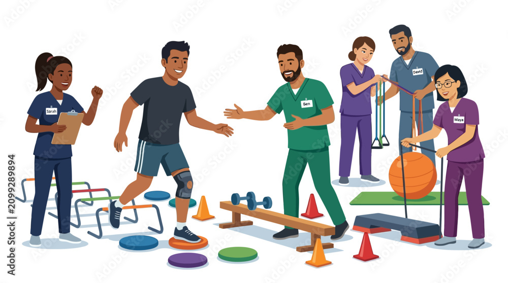 Fototapeta premium Physical Therapy Team Assisting Injured Man with Rehabilitation Exercises
