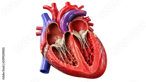 Detailed human heart anatomy cross section illustration showing ventricles atria valves aorta pulmonary vessels internal structure isolated on white background