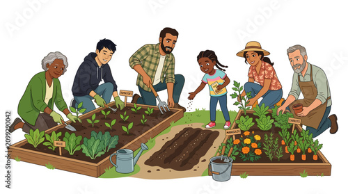 Diverse Family Gardening Together in Raised Beds, Planting Veggies and Flowers