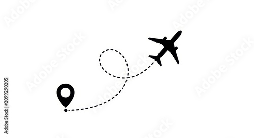 Airplane flying with a dotted flight path trail starting from a location pin, travel and tourism concept illustration