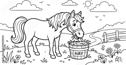 Adorable horse coloring page farm animal illustration for kids and adults