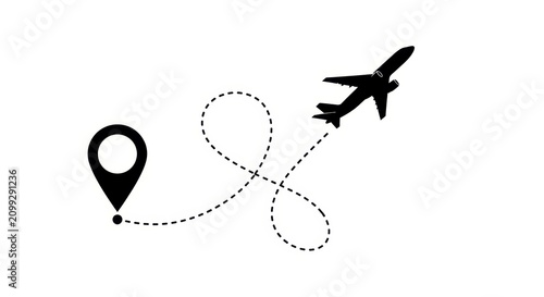 Airplane taking off from a location pin with a dotted flight path