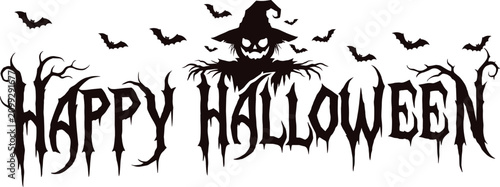 Spooky Halloween scarecrow silhouette with bats, creepy pumpkin head, witch hat, eerie festive design