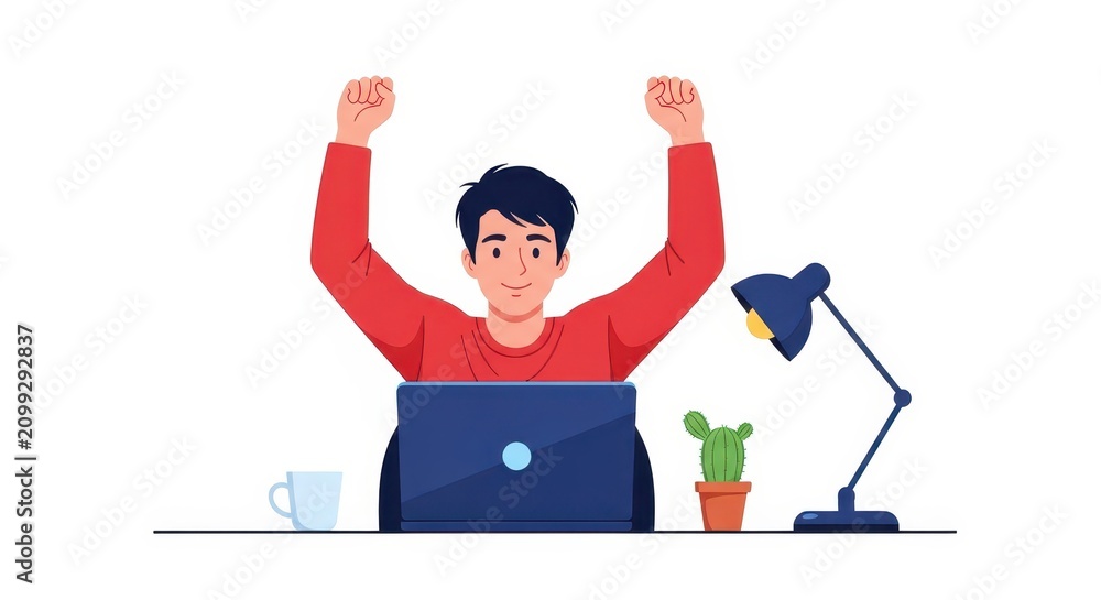 Fototapeta premium Happy man celebrating success with laptop at desk