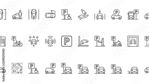 Collection of various parking and transportation icons with different vehicle symbols and accessibility features