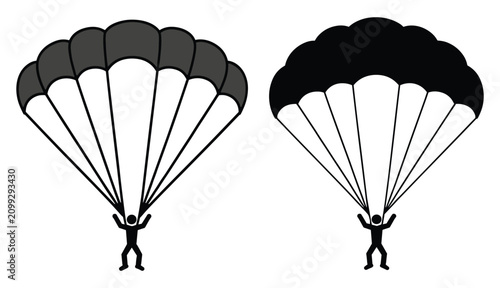 Foto Black and white silhouette icons of skydivers with open parachutes parachute sky
