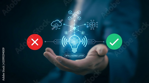 Intelligence Layer and AI Decision Making Concept – Hand Holding Digital Brain Lightbulb Hologram with Verification Icons