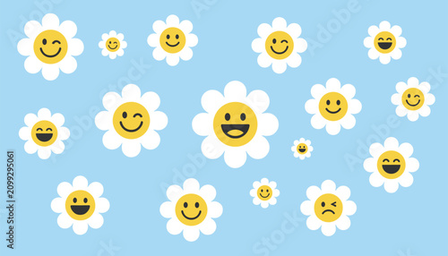 Cute daisy flowers with various happy and winking smiley faces are scattered across a bright blue background.