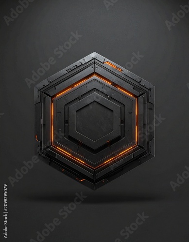 Hexagonal Sci-Fi Emblem: A dark, metallic hexagonal emblem with glowing orange accents, featuring intricate geometric patterns and a futuristic, industrial design.