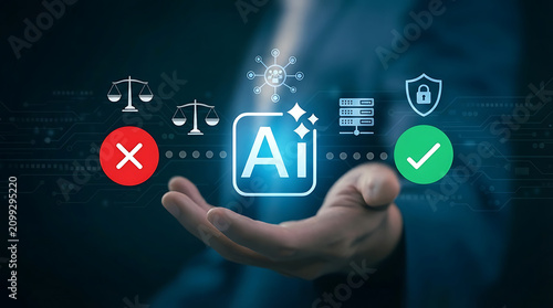AI Ethics and Secure Decision Making Concept – Hand Holding Artificial Intelligence Hologram with Justice Scales and Shield