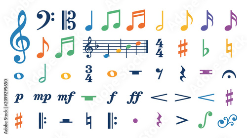 Colorful Music Notation Symbols, Notes, Clefs, Rests, Sharps, Flats