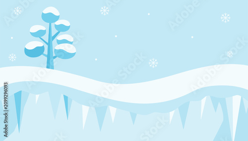 Peaceful winter landscape features a snow-covered tree on a hill and sharp icicles hanging from the icy ground.
