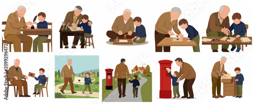 Tableau sur toile Flat vector illustration set of a grandfather teaching his grandson how to write and seal a traditional letter