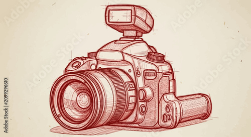 Hand-drawn red ink sketch of a professional DSLR camera with flash on textured paper